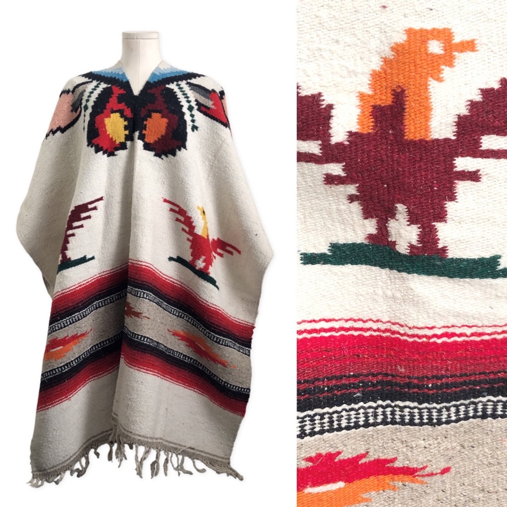 Vintage Mexican Sarape Thunderbird Blanket Poncho B
